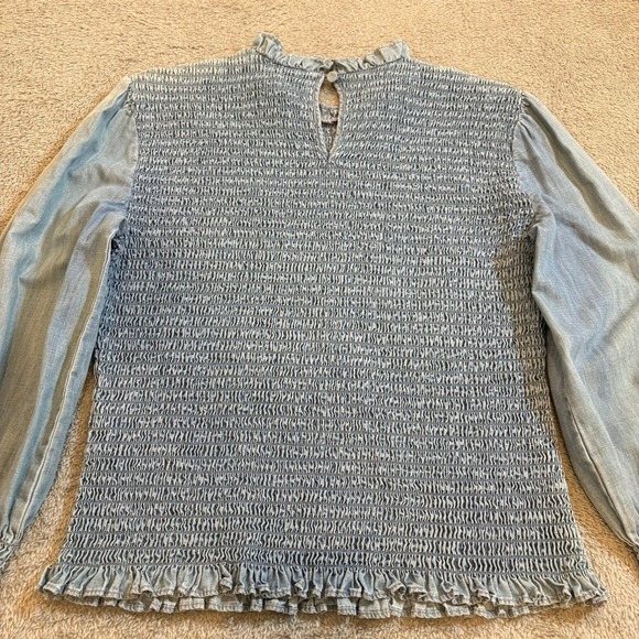 Veronica Beard Chambray Smocked Denim Top Ruffle Neck Puff Sleeve Blouse Women 2 - Picture 12 of 16